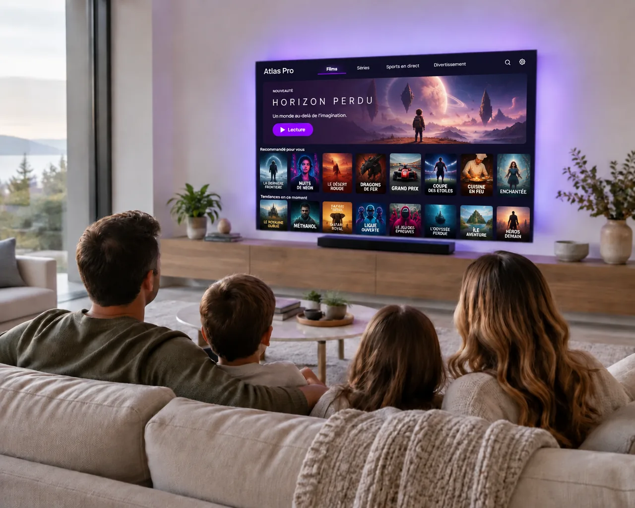 Famille regardant un grand téléviseur dans un salon moderne et lumineux
